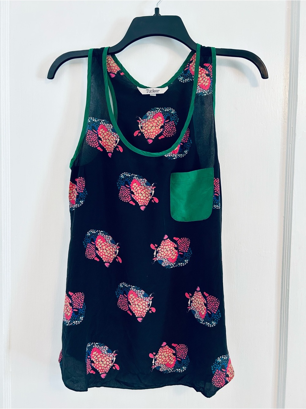 Tucker Silk Black Racer Back Top with Pink Armadillo Motif and Green Trim